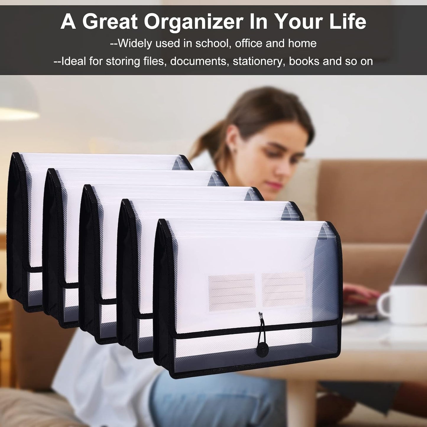 Eco-Friendly Plastic File Folders, Expanding Poly File Wallet, Transparent Expandable Envelope Organizer Document Folder with Elastic Band and Button Closure, with Small Two Pockets, 5 Colors