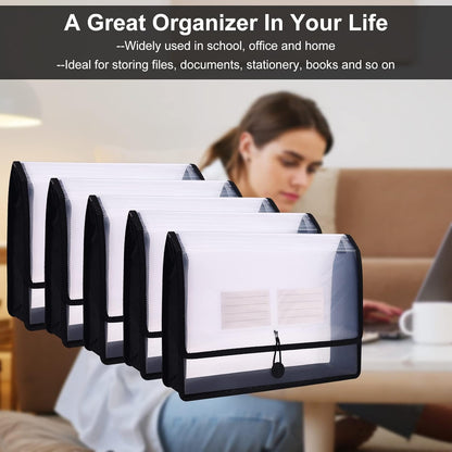 Eco-Friendly Plastic File Folders, Expanding Poly File Wallet, Transparent Expandable Envelope Organizer Document Folder with Elastic Band and Button Closure, with Small Two Pockets, 5 Colors