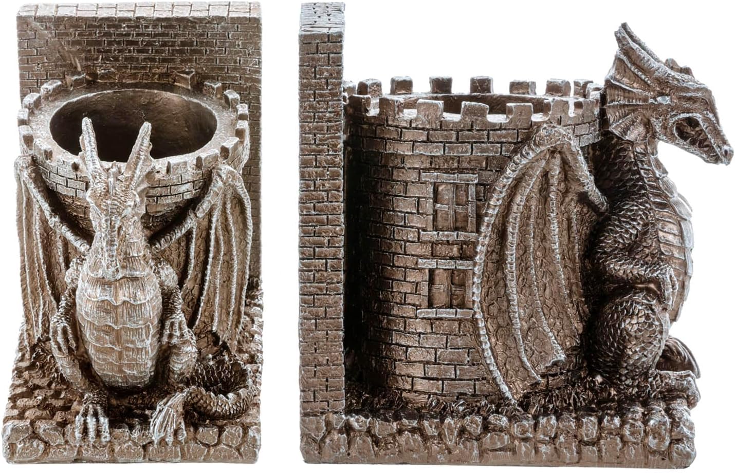 Bookends Dragon, Gothic Black Resin Dragon Guarding Castle Pencil Cup Bookends, Office Desk Book Ends with Decorative Fantasy Dragons and Stone Tower Pen Holders, 1 Pair