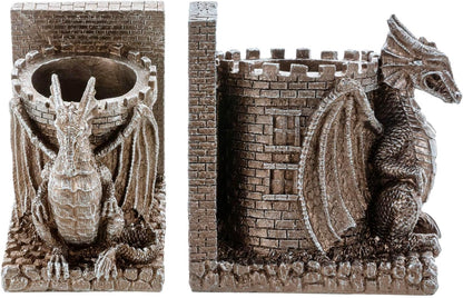 Bookends Dragon, Gothic Black Resin Dragon Guarding Castle Pencil Cup Bookends, Office Desk Book Ends with Decorative Fantasy Dragons and Stone Tower Pen Holders, 1 Pair