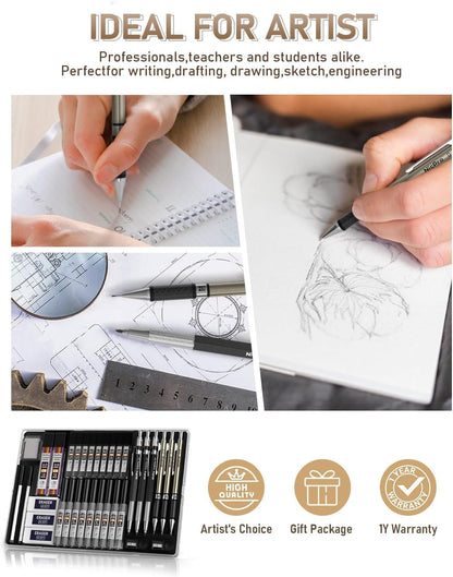 Nicpro 35PCS Art Mechanical Pencil Set, 3 PCS Metal Drafting Pencil 0.5 mm & 0.7 mm & 0.9 mm & 3 PCS 2mm Lead Holder (6B 4B 2B HB 2H 4H Colors) For Sketching Drawing With 20 Tube Lead Refills Case