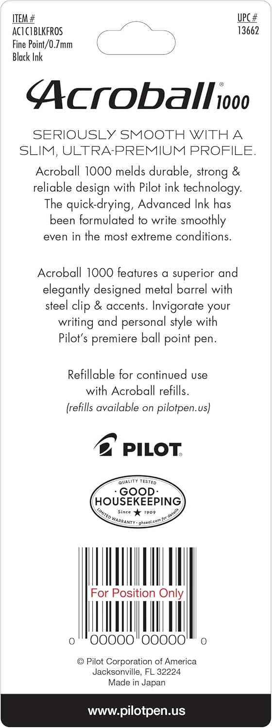 PILOT Acroball 1000 Ultra-Premium Refillable & Retractable Ball Point Pen, Gold Barrel, Fine Point, Black Ink, Single Pen (13662).