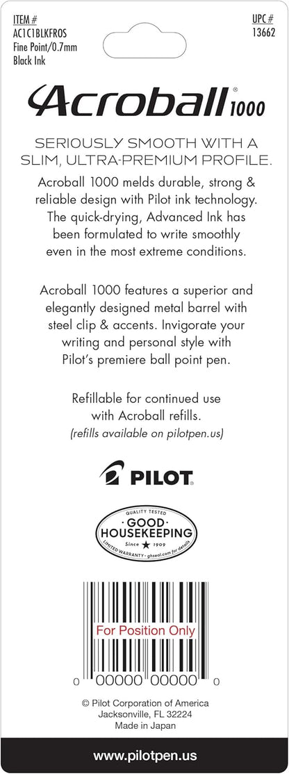 PILOT Acroball 1000 Ultra-Premium Refillable & Retractable Ball Point Pen, Gold Barrel, Fine Point, Black Ink, Single Pen (13662).