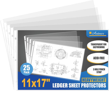 Antner 11x17 Inch Sheet Protectors (25-Pack) - Ledger Size Heavy Duty Clear Plastic Archival Sleeves, 3 Hole Punched for 3-Ring Binders, Side Loading Oversized Page Protectors for Documents Newspaper