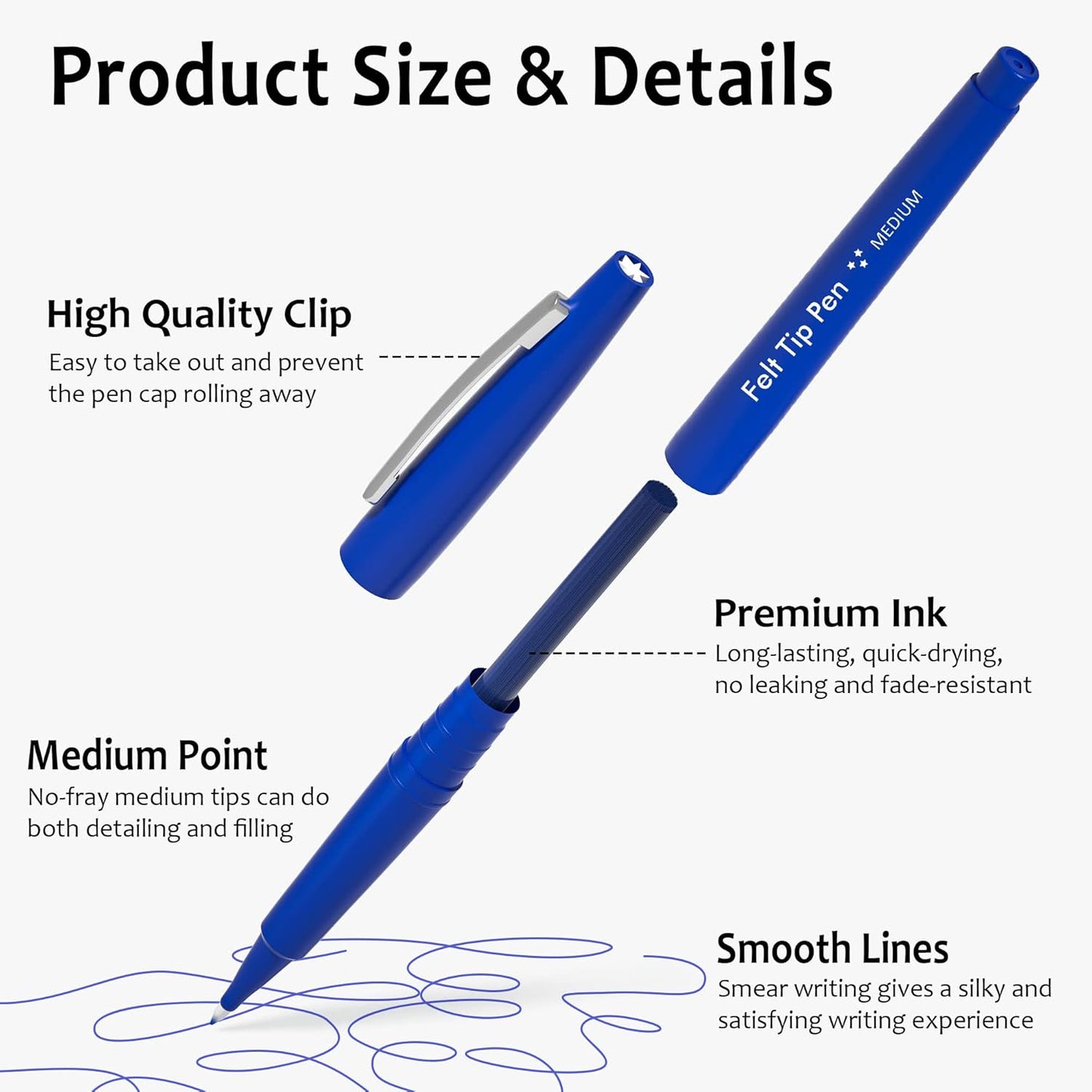 Lelix Felt Tip Pens, 15 Black Pack, 0.7mm Medium Point, Felt Tip Markers Pens for Journaling, Writing, Note Taking, Planner, Perfect for School Office and Art Supplies