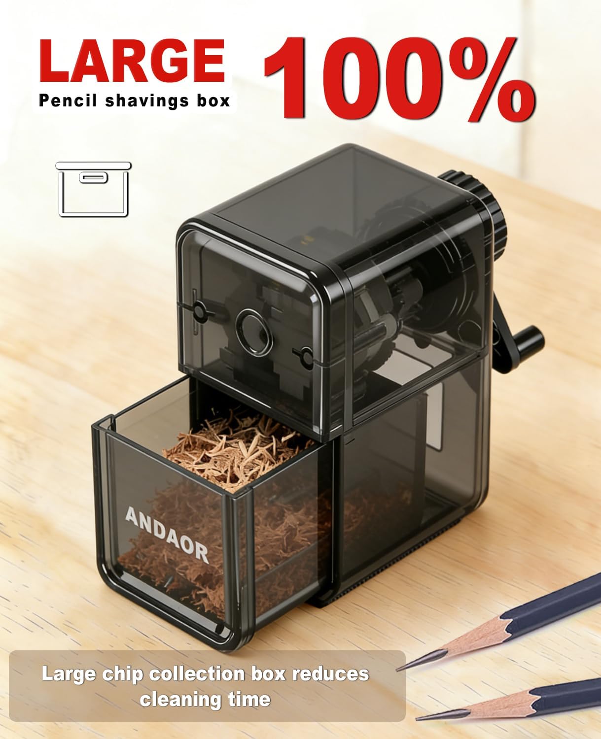 Pencil Sharpener Manual Black 5 Thickness Adjustable & Self-Feed Hand Crank Desktop Portable Pencil Sharpener for 6.5-8mm Pencil Nibs Classroom Home and Office Artists