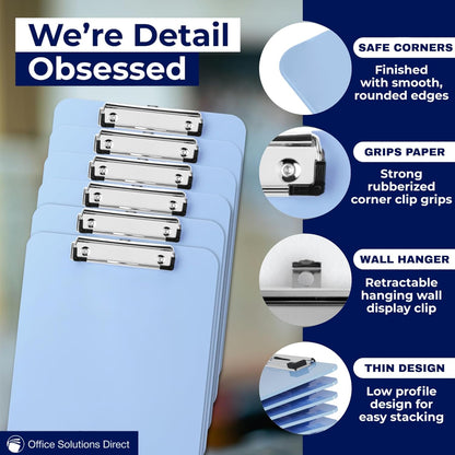 Light Blue Plastic Clipboard with Low Profile Clip (Pack of 6) - Letter Size Clipboard Blue with Flat Clip, A4 Size Acrylic Clip Board for Boys and Girls | Cute College & Back to School Supplies