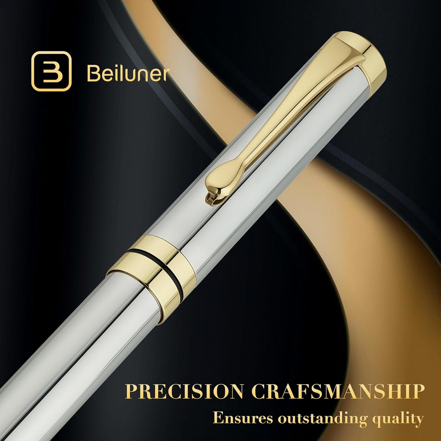 BEILUNER Ballpoint Pens, Stunning Black Chrome Metal Pen with Golden Trim, Best Ball Pen Gift Set for Men & Women, Professional, Executive, Office, Nice Pens-Gift Box with 0.5mm Black Extra Refill