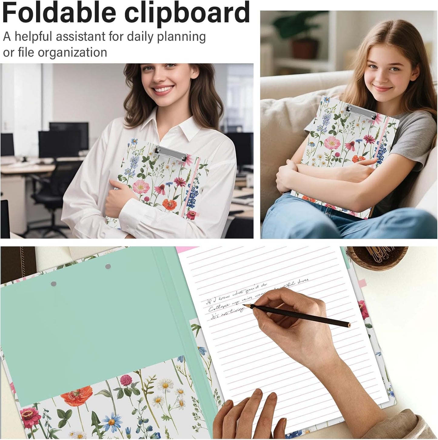 A4 Cute Clipboard Folio with Notepad Clipfolio and Interior Storage, Foldable Nursing Legal Size Clipboards for Work/Kids/Teachers - Almond Tree