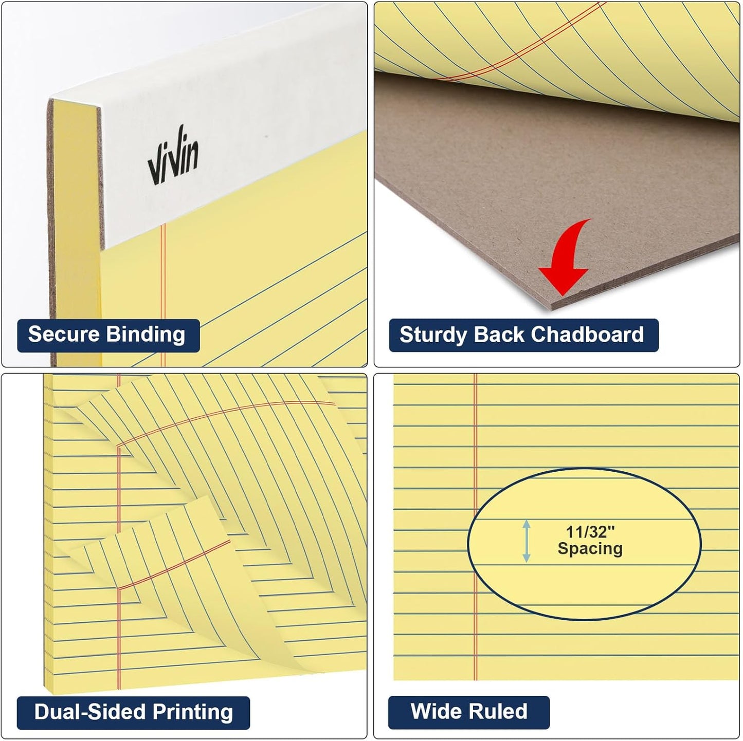 ViVin Legal Pads 8.5 x 11 Inch, Wide Ruled Note Pads, 12 Pack, 50 Sheet/Pad, Perforated Writing Pads, Notepads for Office Home School, 600 Sheets, White Paper