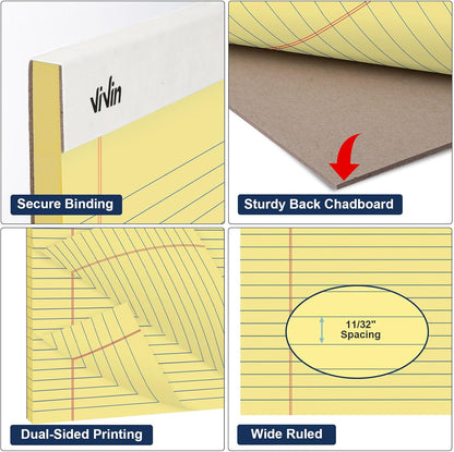 ViVin Legal Pads 8.5 x 11 Inch, Wide Ruled Note Pads, 12 Pack, 50 Sheet/Pad, Perforated Writing Pads, Notepads for Office Home School, 600 Sheets, White Paper