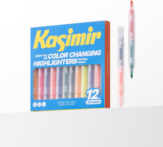 Kasimir Dual Tip Highlighters Coloring Changing Markers - 24 Colors No Bleed Bible Highlighters, Chisel & Fine Tip Double Ended Cute Marker for Art School Office
