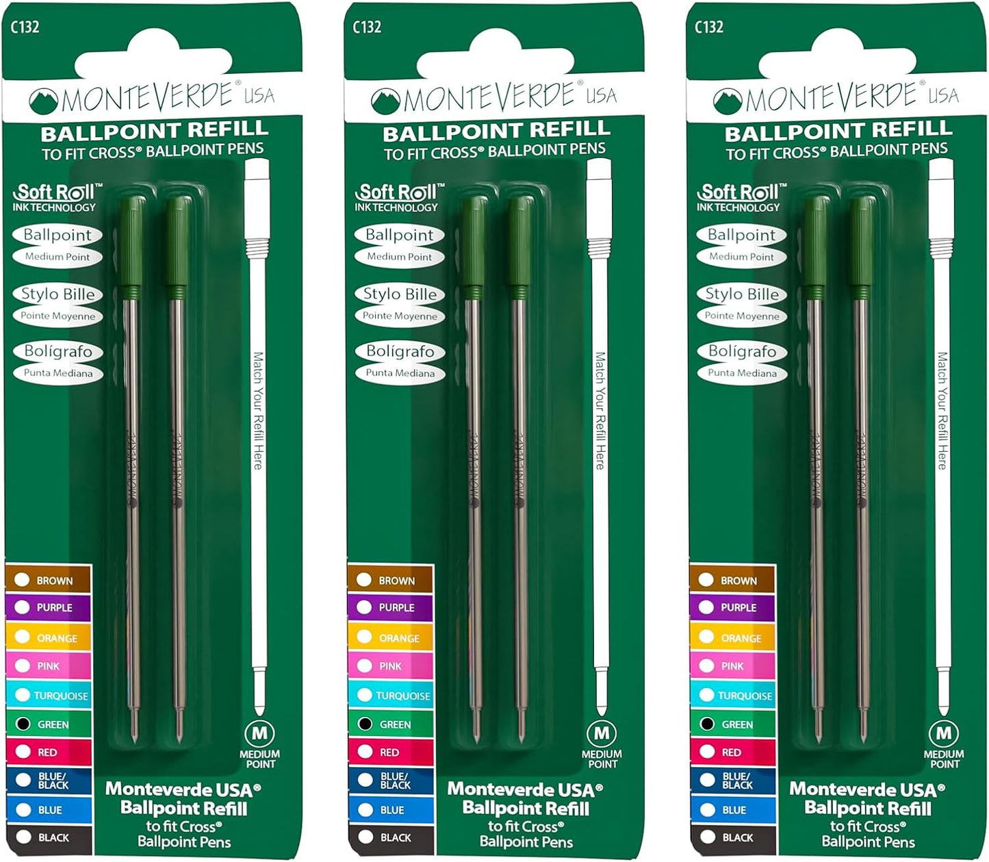 Monteverde USA Soft Ballpoint Refills to Fit Cross Pens, Medium Point, Green Ink, 2-Pack – Bold and Smooth Writing Solution