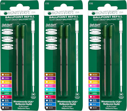 Monteverde USA Soft Ballpoint Refills to Fit Cross Pens, Medium Point, Green Ink, 2-Pack – Bold and Smooth Writing Solution