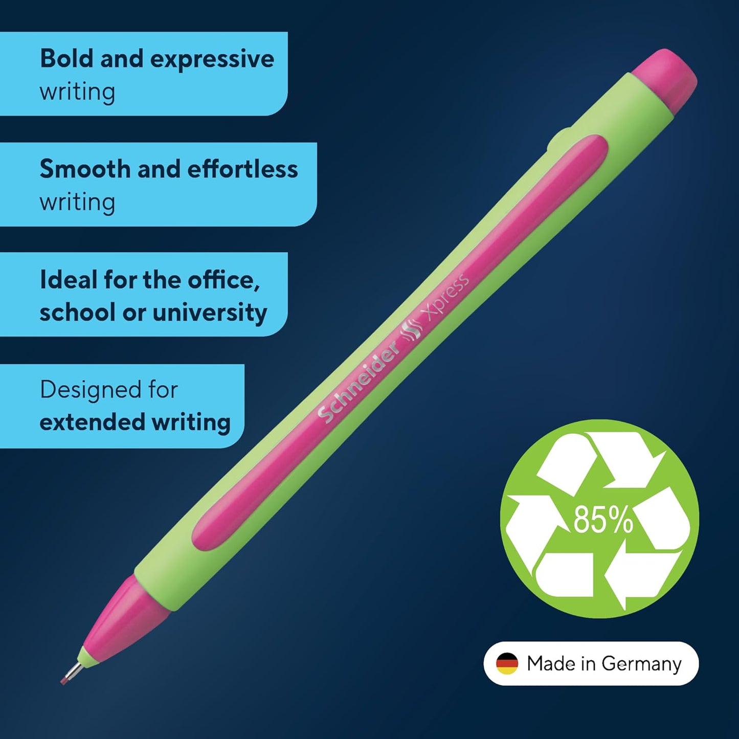 Schneider Xpress Premium Fineliner, 0.8 mm Porous Point, Light Green Barrel, Blue Ink, Box of 10 Pens (190003)