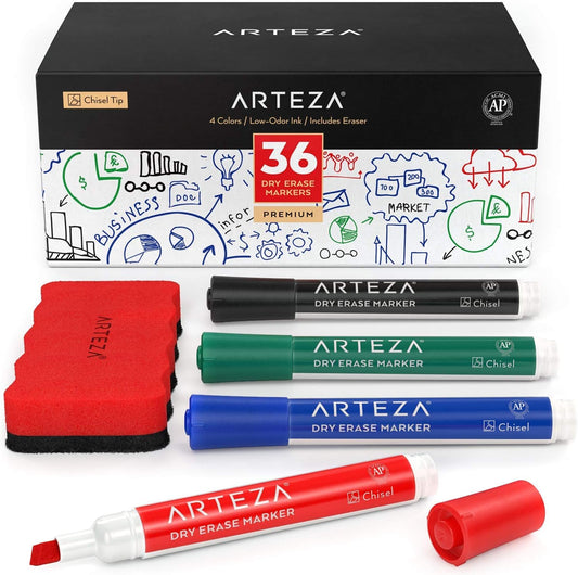 ARTEZA Dry Erase Markers, 52 Pack, 12 Assorted Colors, Low-Odor Whiteboard Markers with Japanese Chisel Tips for Offices, Classrooms, Planning Boards, Glass, and Plastic