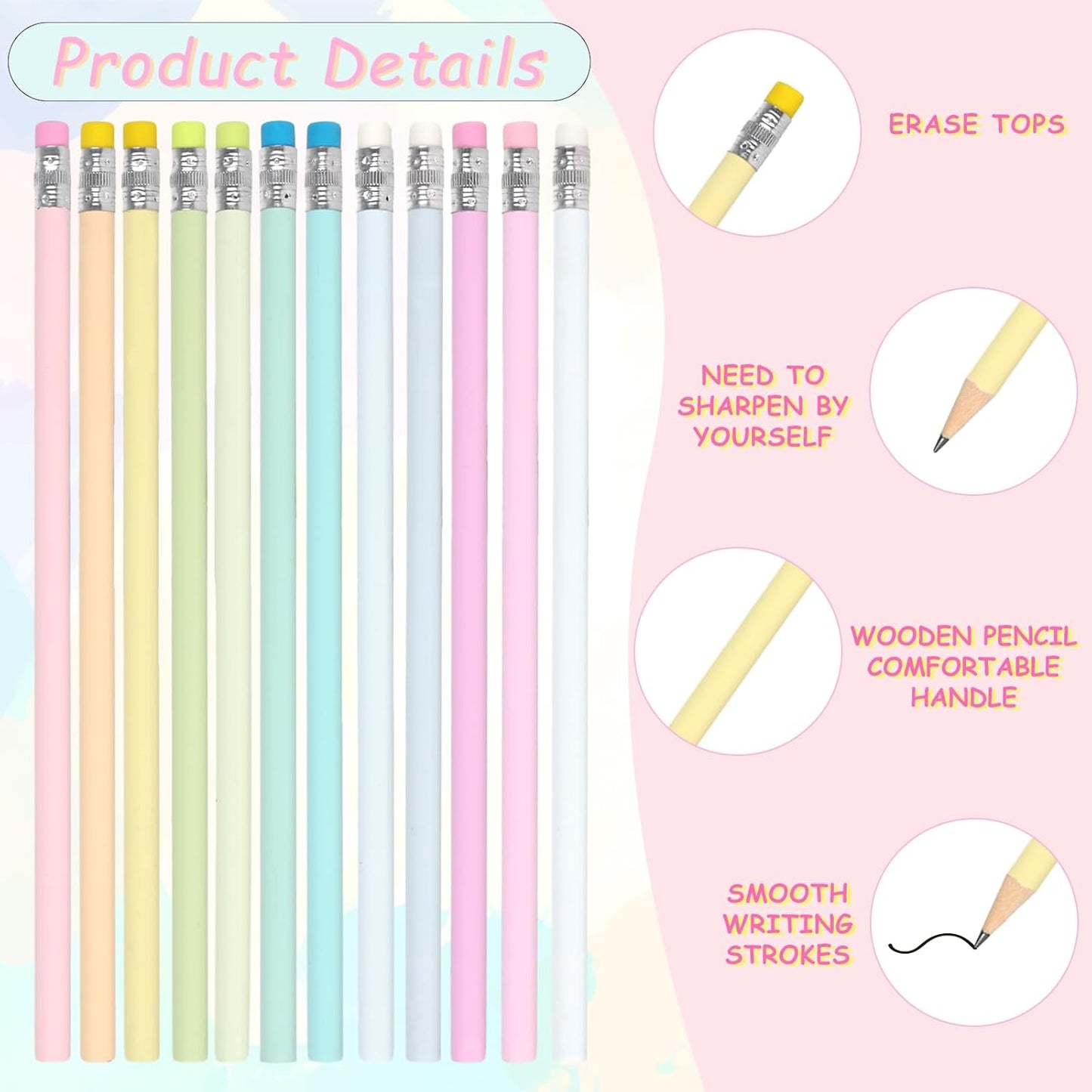 Whaline 48Pcs Colorful Pencils with Erasers Back to School Rainbow Color Wooden Pencil Unsharpened Writing Drawing Pencil for Students Graduation School Office Stationery Gift