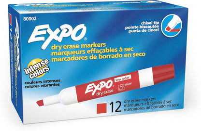 EXPO Dry Erase Markers, Low Odor Ink, Red, Chisel Tip, 12 Count