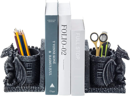 Bookends Dragon, Gothic Black Resin Dragon Guarding Castle Pencil Cup Bookends, Office Desk Book Ends with Decorative Fantasy Dragons and Stone Tower Pen Holders, 1 Pair