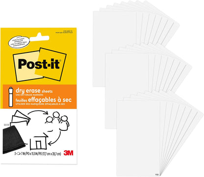 Post-it Dry Erase Sheets, 7 in x 11.3 in, 3 Sheets, Sticks Securely and Removes Cleanly (DEFSHEETS-3PK)