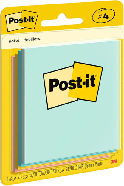 Post-it Notes, 3 in x 3 in, 4 Sticky Note Pads, 50 Sheets per Pad, Beachside Café Collection, School Supplies and Office Products
