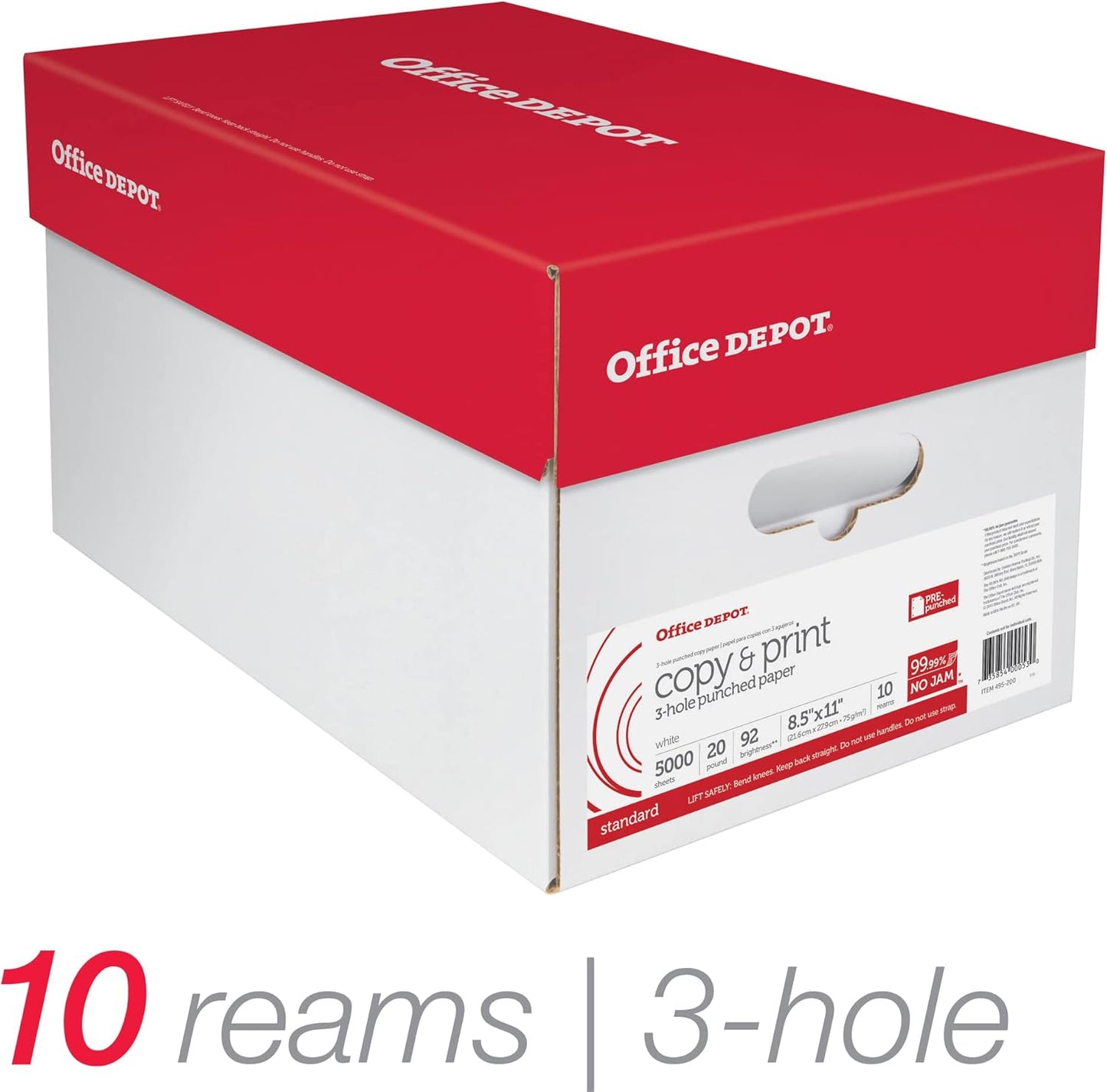 Office Depot® 3-Hole Punched Multi-Use Printer & Copy Paper, 10 Reams, White, Letter (8.5" x 11"), 5000 Sheets Per Case,