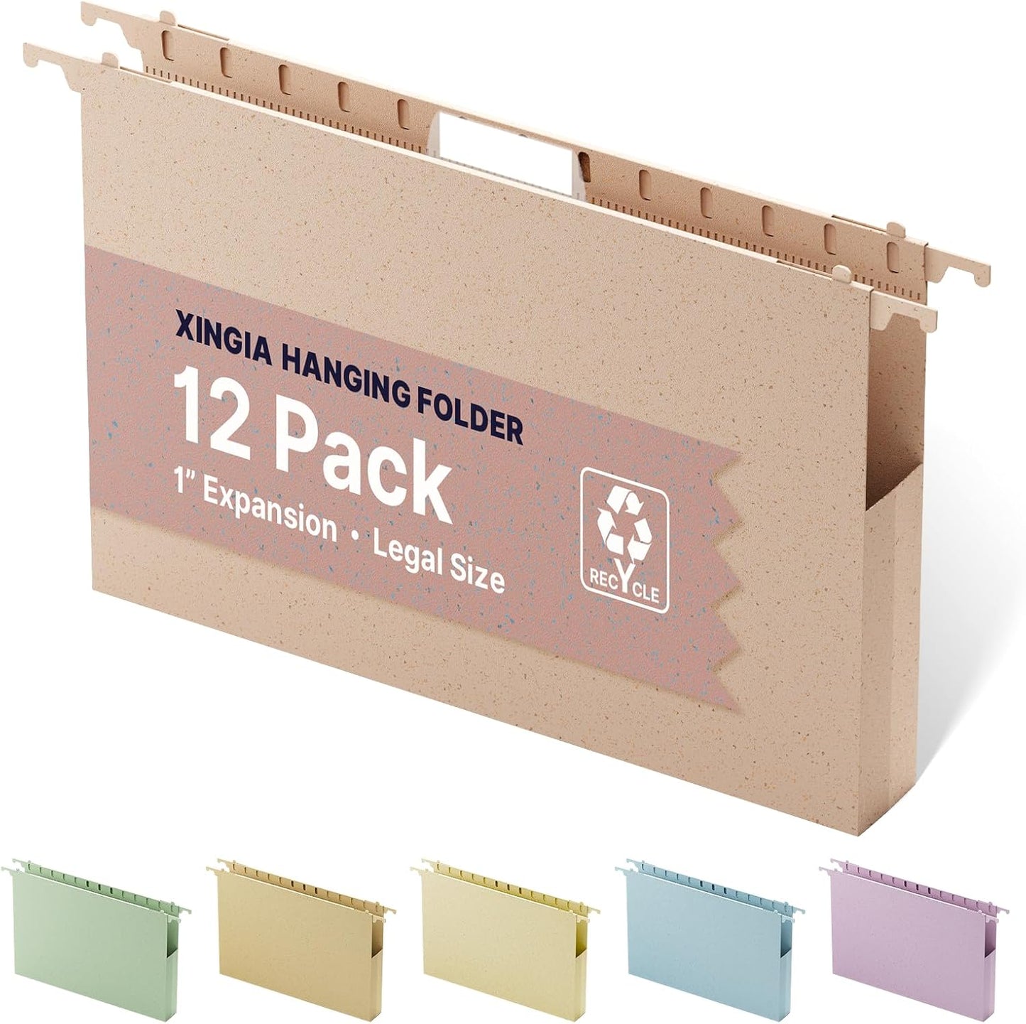 XINGIA Legal Size Hanging File Folders Extra Capacity,1'' Expansion Hanging Folders for Filing Cabinet,12 Pack Wheat Straw File Folders Hanging with Tabs,Pastel Hanging File Organizer for Office