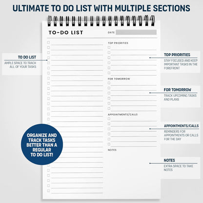 To Do List Notepad: With Multiple Functional Sections - 6.5 x 9.8" 60 Sheets - Spiral Daily Planner Notebook - Task CheckList Organizer Agenda Pad for Work - Note & Todo List Organization Notebooks