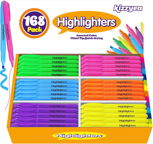 KIZZYEA 168 Pack Highlighters in 6 Assorted Colors, Chisel Tip Dry-Quickly Highlighters Bulk, No Bleed Highlighter Markers for Adult Kids, Office Classroom Must Have, School Supplies for Teachers