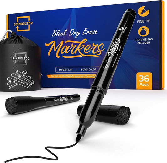Scribbledo 36-Pack Black Fine Tip Dry Erase Markers with Eraser Cap | Low-Odor Whiteboard Markers for Office, Workplace, Medical & Professional Use