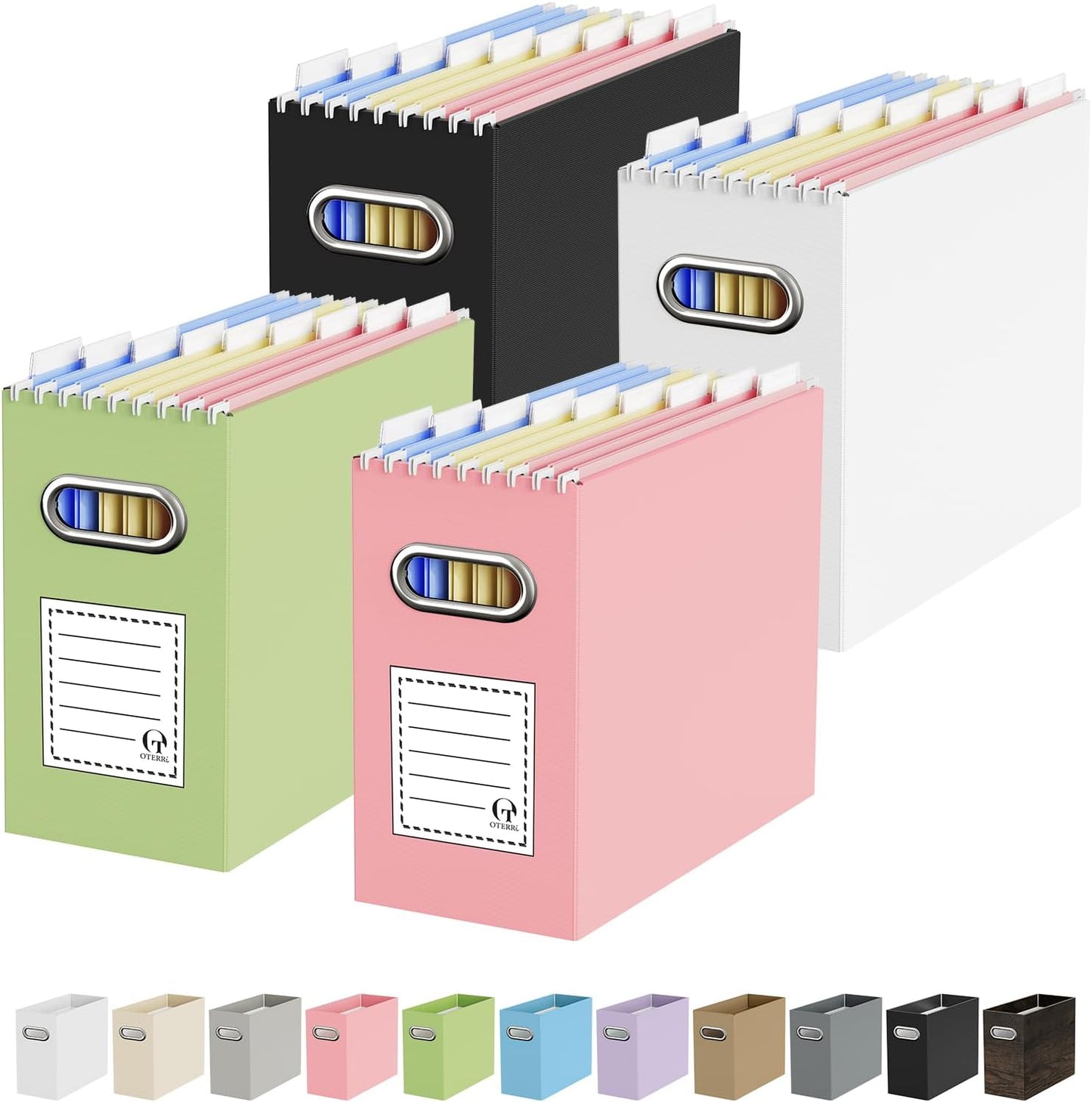 Oterri File Organizer Box, Portable Collapsible Cardboard File Folder Organizer with Handle for Letter Size Hanging Files, Document Storage Box for Home Office & Classroom (4 Packs, Black)