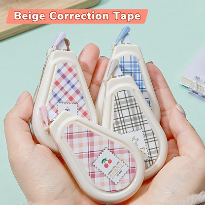 Temiary 5 Pcs Aesthetic Beige Correction Tape, Smooth Glide Quick Dry Tapes for Instant Corrections, Easy to Use White Tape Out Applicator Set for Office Note Taking, Journaling (Plaid Patterns)