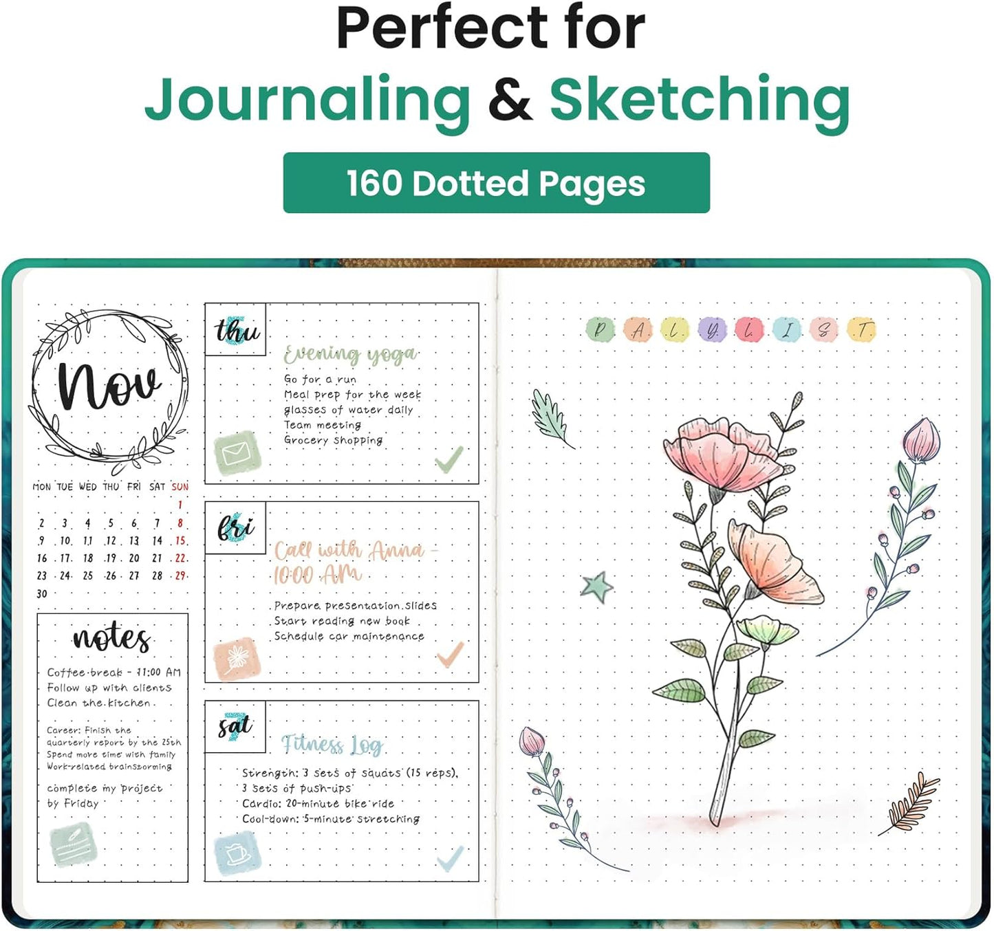 Taja Pretty Lined Journal for Women, Aesthetic Cute Hardcover Leather Journal for Writing, A5 College Ruled Notebook for Work & Note Taking, Perfect for Office School Home, 160 Pages, Meadow Flowers