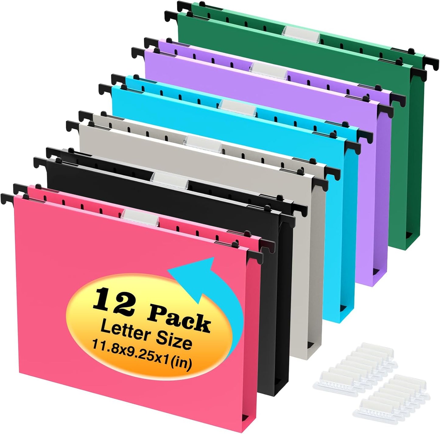 SHUTEX Extra Capacity Plastic Hanging File Folders,12 Pack Reinforced Hang Folder,Heavy Duty 1 Inch Expansion,Filing Cabinet Folders Letter Size for Bulk Files/Medical Charts, Black