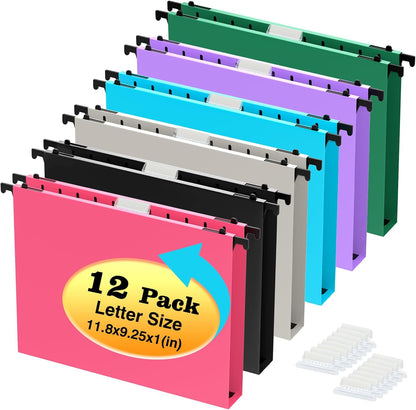 SHUTEX Extra Capacity Plastic Hanging File Folders,12 Pack Reinforced Hang Folder,Heavy Duty 1 Inch Expansion,Filing Cabinet Folders Letter Size for Bulk Files/Medical Charts, Black