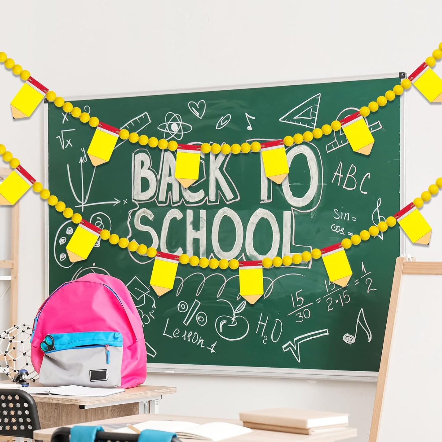 8.2 Ft Pencil Wooden Garland Graduation Yellow Pencil Banners with Cute Beads Hanging Ornaments for Kindergarten Classroom Office Home First Day of School Party Decor