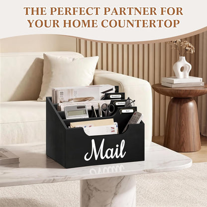 Rustic Wood Mail Organizer Countertop with 4 Slots, Black Mail Holder for Desk, Removable Dividers Mail Sorter, Letter Bill File Organizer for Home Office Classroom, Desktop Organizer with Free Labels