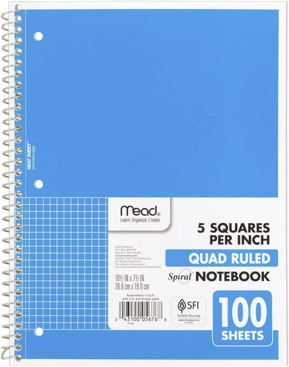 Mead Spiral Notebook, 1 Subject, Graph Ruled Paper, 7-1/2" x 10-1/2", 100 Sheets, Black (05676AA5)