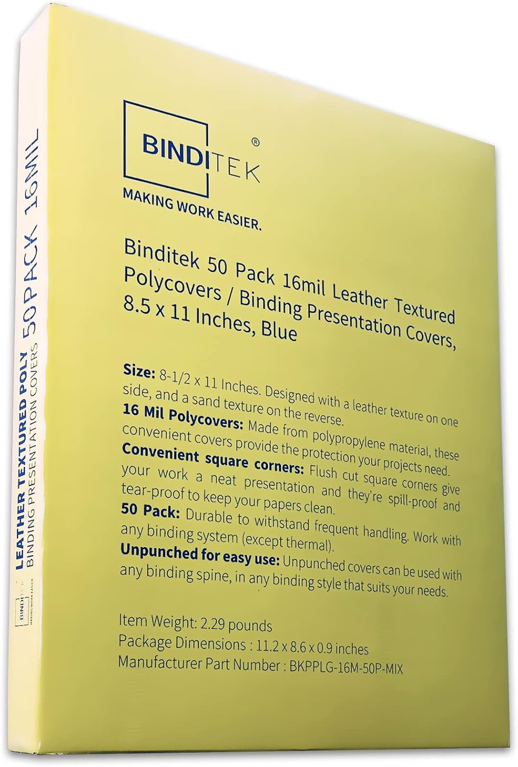 Binditek 100 Pack 16 Mil Leather-Textured Heavyduty Polycovers, Plastic Binding Presentation Covers, Letter Size, 8-1/2 x 11", Square Corners, Un-Punched, Black