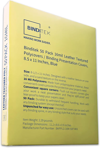 Binditek 100 Pack 16 Mil Leather-Textured Heavyduty Polycovers, Plastic Binding Presentation Covers, Letter Size, 8-1/2 x 11", Square Corners, Un-Punched, Black