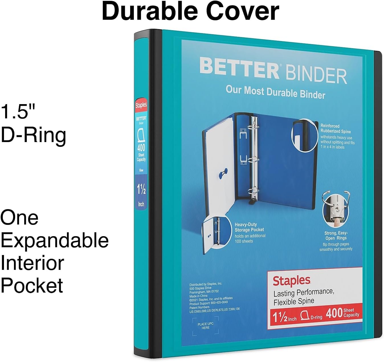 Staples Better Binder 2-Inch D-Ring View Binder, Reinforced Spine, Holds Up to 540 Sheets, Teal, for Office & School