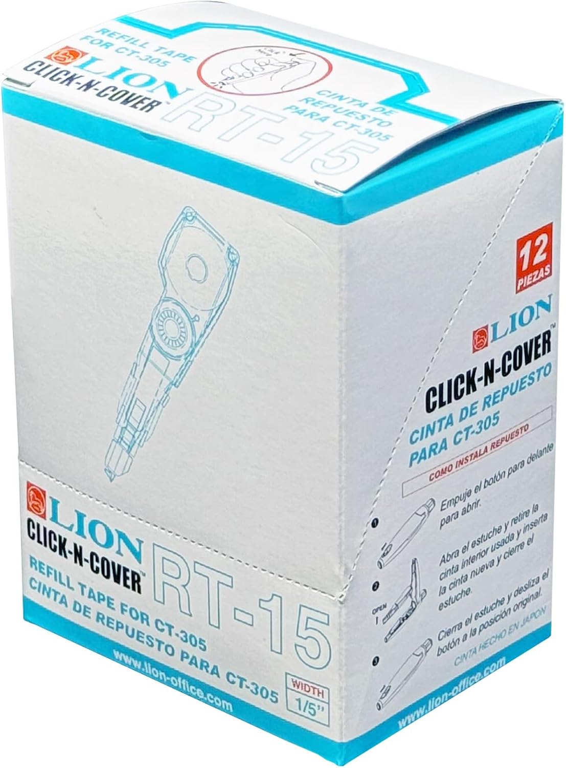 LION CLICK-N-COVER Refillable Correction Tape, Retractable Tip, 1/5" wide and 236" long, Acid-Free, 1 ea. (CT-305)