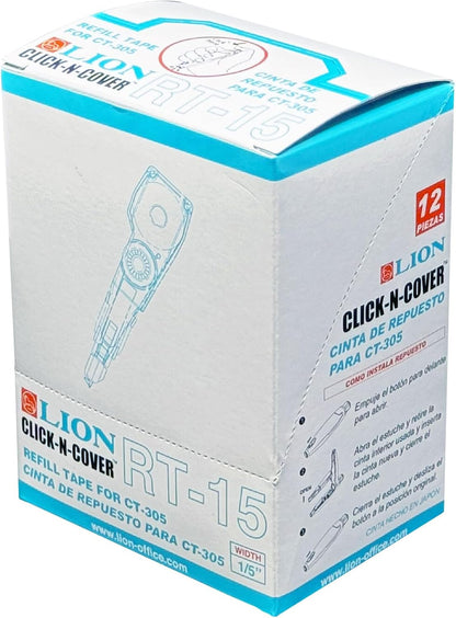 LION CLICK-N-COVER Refillable Correction Tape, Retractable Tip, 1/5" wide and 236" long, Acid-Free, 1 ea. (CT-305)