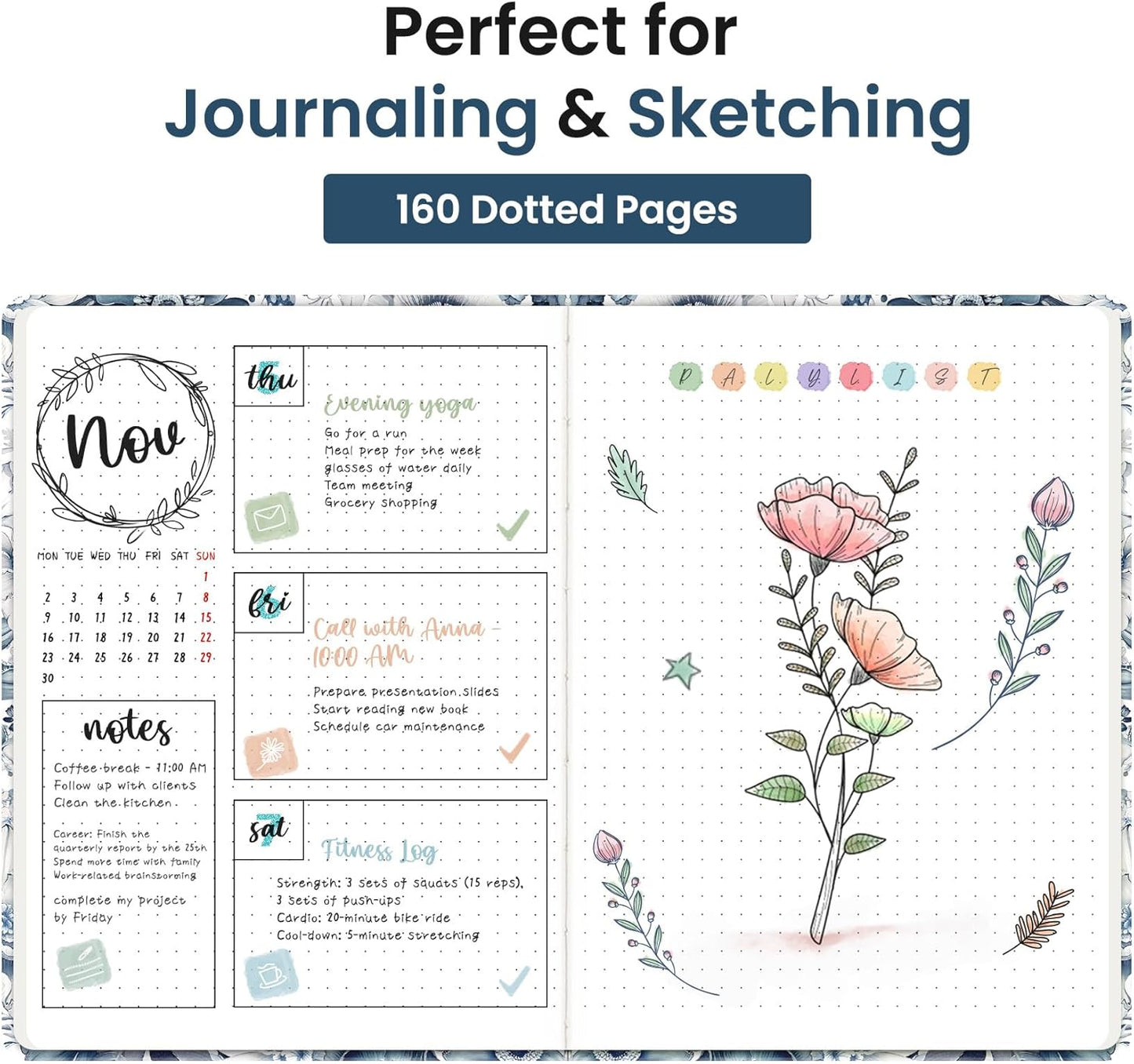 Taja Pretty Lined Journal for Women, Aesthetic Cute Hardcover Leather Journal for Writing, A5 College Ruled Notebook for Work & Note Taking, Perfect for Office School Home, 160 Pages, Meadow Flowers