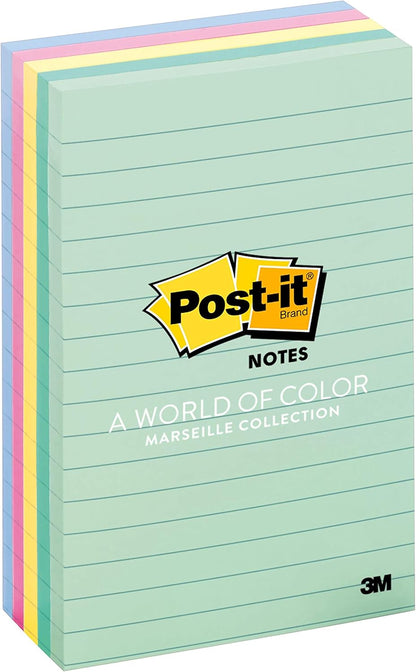 Post-it Notes, 4 in x 6 in, 5 Lined Sticky Note Pads, 100 Sheets per Pad, Beachside Café Collection, School Supplies and Office Products