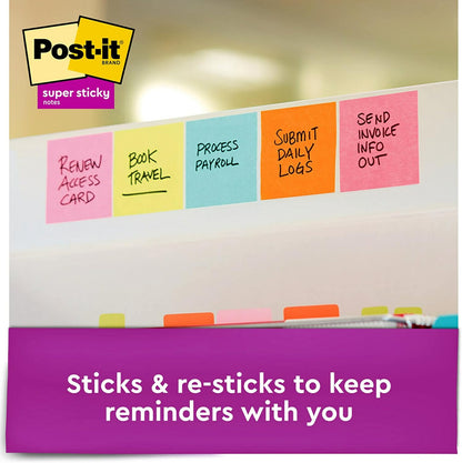 Post-it Super Sticky Notes, 6 Sticky Note Pads, 3 x 3 in, School Supplies, Office Products, Notes for Vertical Surfaces, Monitors, Walls and Windows, Assorted Brights