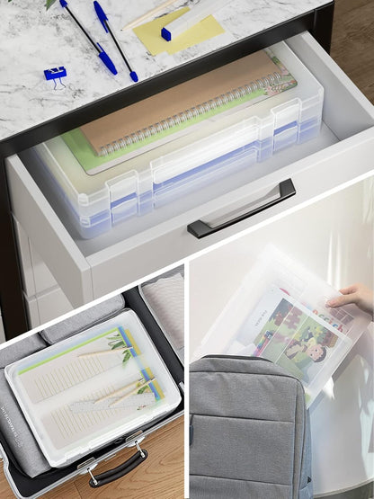 Denkee Large Paper Storage Box, 4 Pack Plastic Scrapbook Paper Storage Organizer with Handle for A4, 8.5 x 11 US Letter, Portable File Document Case, Board Game Storage