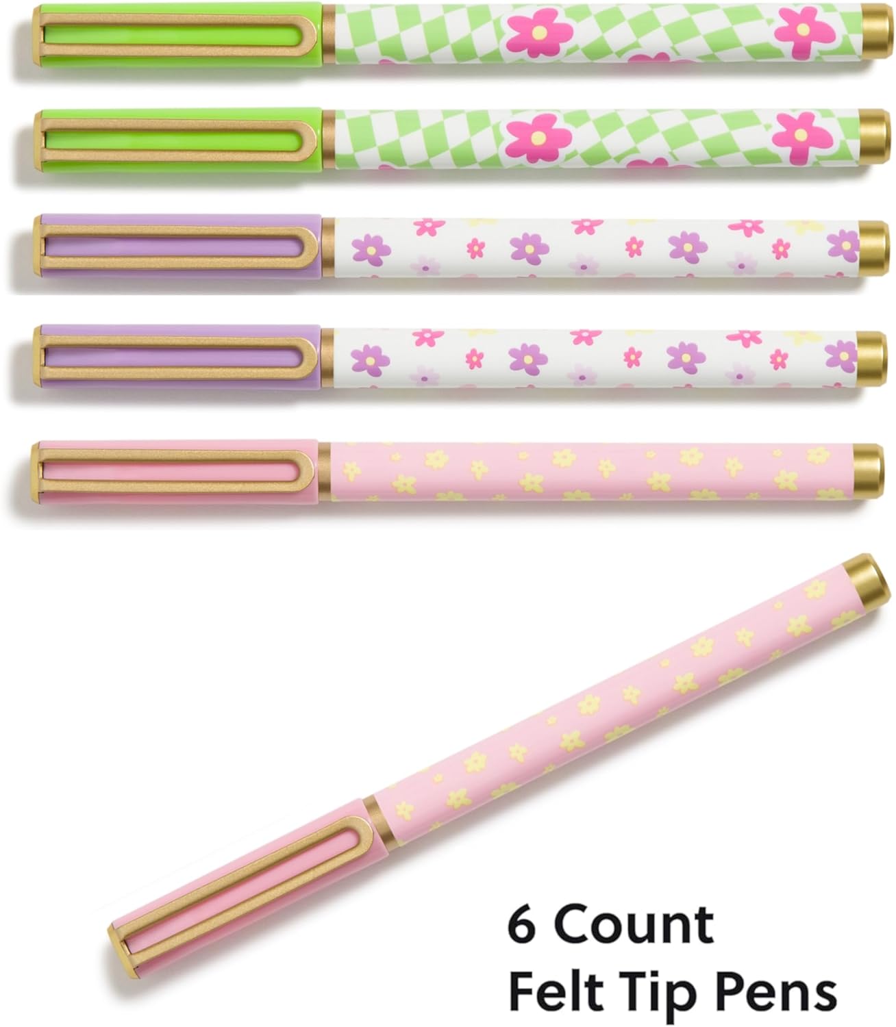 U Brands Catalina Felt Tip Pens, Set of 6 Black Ink Pens, Soft Touch Jewel Tones, Gold Details, Medium (0.7 mm) Point