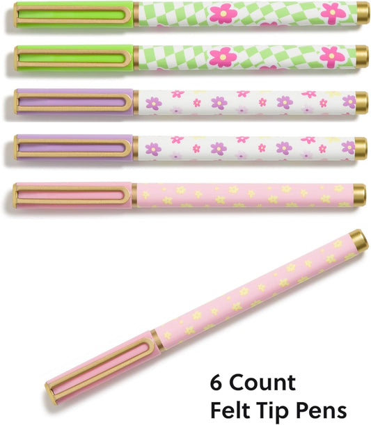 U Brands Catalina Felt Tip Pens, Set of 6 Black Ink Pens, Soft Touch Jewel Tones, Gold Details, Medium (0.7 mm) Point