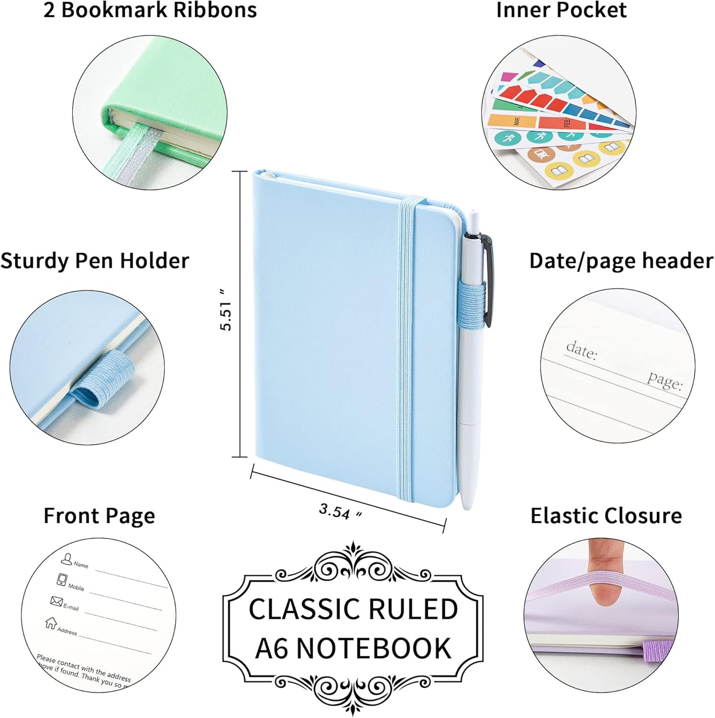 feela 3 Pack Pocket Notebook Journals with 3 Black Pens, A6 Mini Cute Small Journal Notebook Bulk Hardcover College Ruled Notepad with Pen Holder for Office School Supplies, 3.5”x 5.5”, Gray
